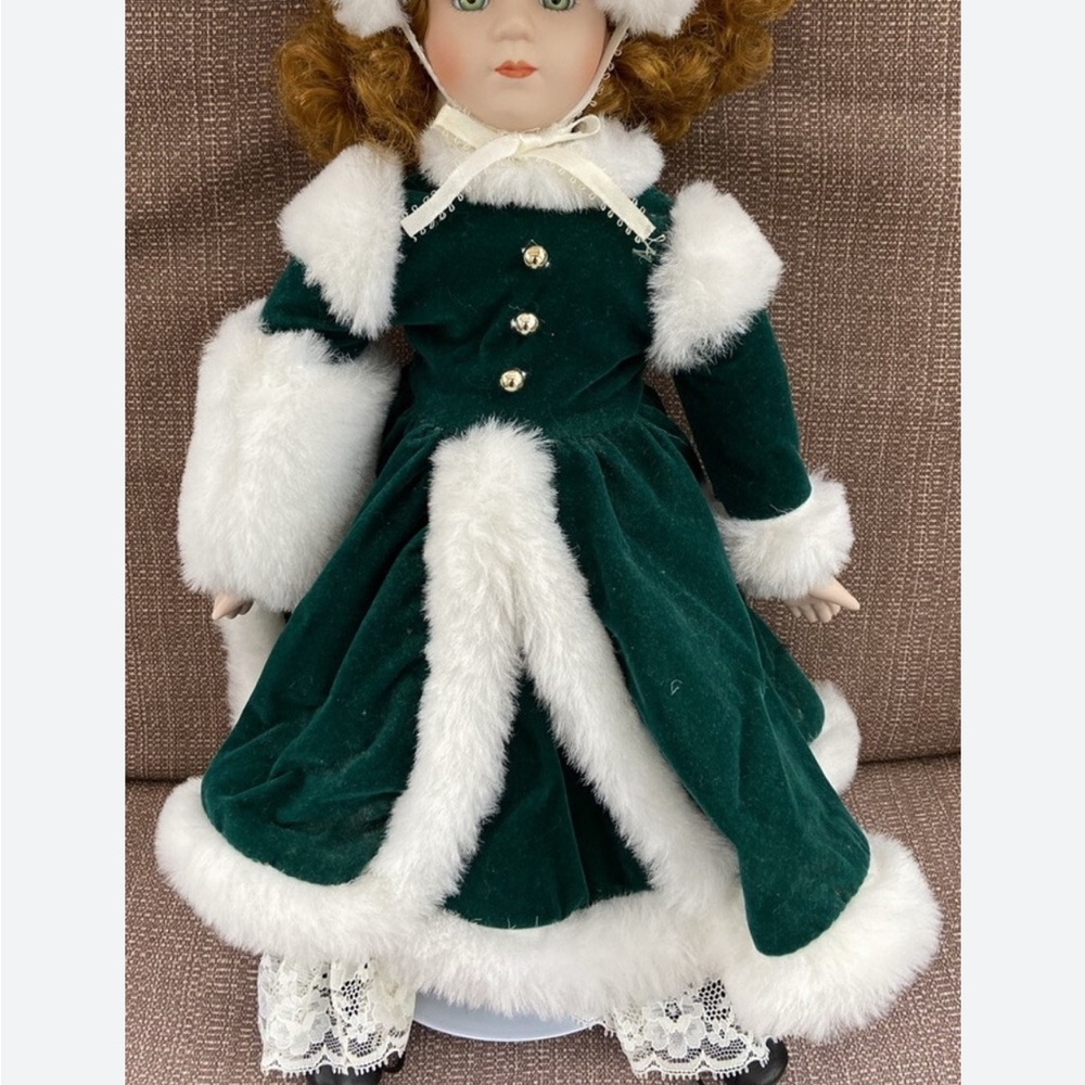 Winter Holiday Victorian Porcelain Doll with  Hunter Green Velvet Dress! Xmas!